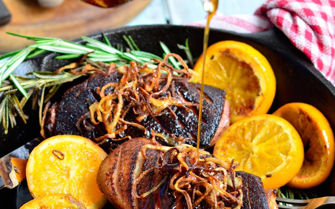 Pan Seared Duck with Orange and Rosemary, Served with Crispy Shallots and Maple Gastrique