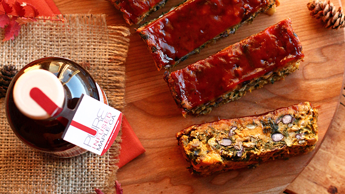 Sweet Potato, Kale, Black Bean Loaf with Tangy BBQ Maple Gastrique Glaze